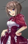  1girl alternate_costume blue_eyes breasts brown_hair dress hand_on_hip highres kantai_collection kawasaki_kana maya_(kantai_collection) open_mouth solo 