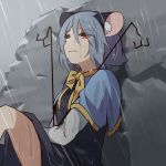  1girl capelet crying crying_with_eyes_open damaged dowsing_rod dress kozakura_(dictionary) nazrin rain red_eyes sad silver_hair sitting tears thighs torn_clothes touhou wet 