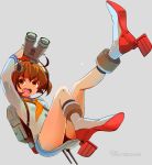  1girl :d artist_name binoculars boots brown_eyes brown_hair grey_background headgear high_heels highres kantai_collection kneehighs leg_up long_sleeves looking_at_viewer machinery neckerchief nn_namochi open_mouth sailor_collar sailor_dress short_hair simple_background smile solo yukikaze_(kantai_collection) 