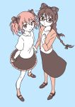  2girls akemi_homura alternate_costume artist_request black-framed_glasses black_hair blue_background blush bow braid casual from_above glasses hair_bow holding_hands kaname_madoka long_hair looking_at_viewer looking_up mahou_shoujo_madoka_magica multiple_girls pantyhose pink_eyes pink_hair pink_legwear semi-rimless_glasses short_hair short_twintails simple_background skirt smile socks twin_braids twintails under-rim_glasses violet_eyes yuri 
