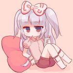  1girl alternate_hairstyle blush_stickers bow cushion deformed eating fujiwara_no_mokou hair_bow marshmallow_mille pocky red_eyes short_pants silver_hair sitting solo touhou twintails wrist_cuffs 