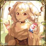  1girl animal_ears ayakashi_onmyouroku blush border braid breasts bunny_girl choker cleavage collarbone cup food gears glasses holding holding_cup ice_cream ice_cream_spoon lantern large_breasts long_hair long_sleeves lowres march_hare_(ayakashi) mouth_hold off_shoulder official_art orange_eyes outdoors paper_lantern petticoat rabbit_ears sama solo spoon tears twin_braids white_hair 