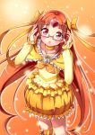  1girl blush boots bow brooch brown_hair bubble_skirt choker circlet cure_muse_(yellow) earrings frills glasses hair_bow heart jewelry knee_boots long_hair magical_girl orange_(color) orange_background precure red_eyes shirabe_ako skirt solo suite_precure yellow_skirt yukiya_(shiya) 