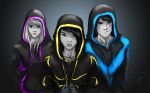  1boy 2girls batgirl batman_(series) black_bat cassandra_cain dc_comics dick_grayson hood hoodie jadenwithwings nightwing spot_color stephanie_brown sweatshirt trio 