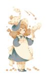  1girl apron big_hair blue_eyes bow brown_hair dress frilled_apron hat original solo star steam teapot the_10th_step witch witch_hat 