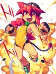  1girl :d black_gloves blush_stickers explosion fingerless_gloves gloves hat long_hair looking_at_viewer metata open_mouth original pointy_ears redhead smile solo tail yellow_eyes 