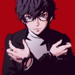  1boy black_hair chain cuffs glasses grey_eyes handcuffs kurusu_akira male persona persona_5 protagonist_(persona_5) red_background school_uniform short_hair simple_background solo turtleneck 