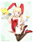  1girl animal_ears bowtie bunny_tail bunnysuit character_request cup detached_collar gloves goblet long_hair phantasy_star phantasy_star_online_2 rabbit_ears tail thighhighs tray wine_glass wink yazaki_shion 