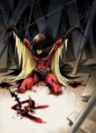  1boy batman_(series) bodysuit chained dc_comics eguana injury kneeling male robin_(dc) tim_drake 