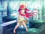  1girl child_of_light_(game) crown dress long_hair miyai_max princess_aurora redhead solo sword weapon wings 