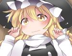  1girl blonde_hair braid bust commentary_request hammer_(sunset_beach) hat kirisame_marisa looking_at_viewer on_floor single_braid solo touhou wavy_mouth yellow_eyes 