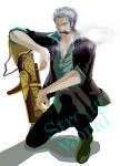  1boy artist_request ben_beckman cigar copyright_name crouch english grey_hair gun male one_piece one_piece:_strong_world short_hair simple_background smoking solo source_request 
