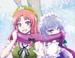  2girls blue_eyes braid chinese_clothes covered_mouth hair_ribbon hat hong_meiling izayoi_sakuya looking_at_viewer maid maid_headdress multiple_girls open_mouth redhead ribbon scarf shugoi silver_hair snowing star touhou v violet_eyes 