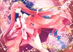  1girl :d cherry_blossoms detached_sleeves dutch_angle hair_ornament hatsune_miku japanese_clothes long_hair necktie open_mouth petals pink_eyes pink_hair pleated_skirt revision sakura_miku skirt smile solo t_miyanagi twintails very_long_hair vocaloid wind 