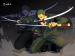  1boy artist_request character_name crouch dual_persona dual_wielding fighting_stance green_hair mouth_hold one_piece robe roronoa_zoro scar short_hair solo source_request sword weapon 
