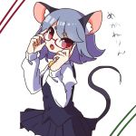  1girl :o animal_ears bespectacled blue_hair bowtie glasses juliet_sleeves kozakura_(dictionary) long_sleeves looking_at_viewer mouse_ears mouse_tail nazrin open_mouth puffy_sleeves semi-rimless_glasses short_eyebrows skirt solo tail touhou vest 
