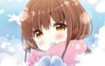  1girl blush brown_eyes brown_hair looking_at_viewer open_mouth original rougetsu scarf smile snowflakes solo 