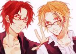  2boys artist_request blonde_hair brothers freckles glasses male one_piece portgas_d_ace red-framed_glasses red_eyes red_hair sabo scar short_hair siblings simple_background smile source_request white_background 