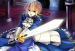  1girl ahoge armor armored_dress blonde_hair dress excalibur fate/stay_night fate_(series) gauntlets glowing glowing_sword glowing_weapon green_eyes highres kmu saber solo sword weapon 