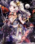  1girl ;d black_gloves breasts cleavage gloves hair_ornament hat holding long_hair looking_at_viewer majoca_majoluna official_art one_eye_closed open_mouth side_ponytail smile solo sparkle syutsuri0503 tagme wand 