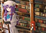  2girls book bookshelf crescent head_wings hinami047 koakuma ladder library multiple_girls patchouli_knowledge purple_hair reading red_eyes redhead touhou violet_eyes 