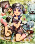  1girl :d bag black_gloves blurry depth_of_field gloves goggles goggles_on_head gun hair_ornament handgun holding looking_at_viewer majoca_majoluna midriff official_art open_mouth short_hair shorts silver_hair sitting smile solo sparkle stuffed_animal stuffed_toy syutsuri0503 tagme teddy_bear violet_eyes weapon 