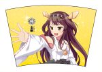  &gt;:d 1girl :d armpits blush brown_eyes brown_hair comic detached_sleeves hairband kantai_collection kongou_(kantai_collection) long_hair open_mouth outstretched_arm ribbon-trimmed_sleeves ribbon_trim robe smile solo swami tsurime 