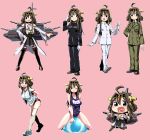  1girl ahoge black_legwear boots brown_hair buruma chibi detached_sleeves double_bun gym_uniform hairband heart heart_in_mouth highres japanese_clothes kantai_collection kongou_(kantai_collection) long_hair looking_at_viewer nontraditional_miko one_eye_closed open_mouth pleated_skirt school_swimsuit shiden-raiden skirt solo swimsuit thigh-highs thigh_boots tongue tongue_out white_legwear zettai_ryouiki 
