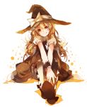  1girl black_dress blonde_hair bow dress hat hat_bow kirisame_marisa long_hair looking_at_viewer puffy_short_sleeves puffy_sleeves shirt short_sleeves shuzi sitting smile solo touhou v_arms very_long_hair witch_hat wrist_cuffs yellow_eyes 