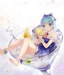  1girl adapted_costume ankle_cuffs bare_shoulders barefoot blue_dress blue_eyes blue_hair cirno cocktail cocktail_glass dress food fruit highres ice ice_cube ice_wings in_container lemon lemon_slice looking_at_viewer nosaki sitting solo strapless_dress touhou wings wrist_cuffs 