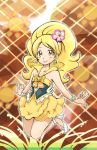  1girl alternate_costume bare_shoulders blonde_hair boots cure_honey dress earrings eyelashes flower hair_flower hair_ornament happinesscharge_precure! happy high_heel_boots high_heels jewelry jumping long_hair looking_at_viewer magical_girl nontan-93bellcat oomori_yuuko ponytail precure ribbon skirt smile solo wrist_cuffs yellow_eyes 