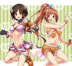  2girls :d bangle bare_shoulders black_gloves black_hair bracelet cropped_jacket gloves green_eyes hair_ornament harada_miyo headset idolmaster idolmaster_cinderella_girls jewelry leg_up long_hair microphone midriff miniskirt multiple_girls navel off_shoulder open_mouth outstretched_hand panties paopao pink_panties short_hair short_shorts shorts single_glove skirt skirt_lift smile thigh_strap underwear very_long_hair wakabayashi_tomoka 