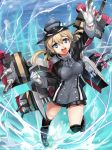  &gt;:d 1girl :d anchor_hair_ornament black_skirt blonde_hair blue_eyes gloves hair_ornament hat kantai_collection kneehighs leg_up long_hair long_sleeves machinery magu_(mugsfc) microskirt military military_uniform open_mouth peaked_cap pleated_skirt prinz_eugen_(kantai_collection) skirt smile solo turret twintails uniform water white_gloves 