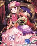  1girl :d blurry brown_hair depth_of_field flower hair_ornament holding long_hair long_skirt looking_at_viewer majoca_majoluna official_art open_mouth reaching rose skirt smile solo staff syutsuri0503 tagme violet_eyes wrist_cuffs 