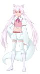  androgynous animal_ears belt boots bow brooch flat_chest jewelry knee_boots kyubey long_sleeves mahou_shoujo_madoka_magica marika midriff navel personification pink_bow puffy_sleeves red_eyes short_hair_with_long_locks shorts solo tail thigh-highs white_hair wing_collar 