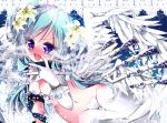  1girl angel_wings aqua_hair beta_(inazuma_eleven) blush bottomless breasts cleavage coccofyze fang flower gun hair_flower hair_ornament heart inazuma_eleven_(series) inazuma_eleven_go inazuma_eleven_go_chrono_stone long_hair looking_at_viewer open_mouth solo thigh_gap violet_eyes weapon wings 