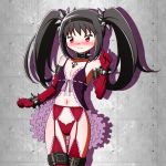  1girl akemi_homura babydoll black_hair blush braid cadsensei choker frills garters hairband long_hair looking_at_viewer mahou_shoujo_madoka_magica navel panties simple_background solo standing thigh-highs twin_braids underwear violet_eyes 