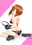  1girl ass bikini brown_eyes brown_hair from_behind girls_und_panzer gloves headphones highres looking_back nishizumi_miho short_hair sitting swimsuit takkuru_berry wariza 