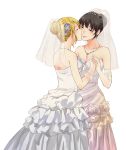  2girls black_hair blonde_hair blue_eyes breasts cleavage closed_eyes dress elbow_gloves flower gloves hair_bun hair_flower hair_ornament holding_hands incipient_kiss jewelry karanomori_shion kunizuka_yayoi multiple_girls namaashi_(moi_taoru) necklace psycho-pass tears tiara veil wedding_dress yuri 