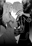  1boy 1girl alternate_hairstyle amatari_sukuzakki couple dress eye_contact face-to-face fire_emblem fire_emblem:_kakusei hair_down hetero hood hug incipient_kiss liz_(fire_emblem) long_hair looking_at_another monochrome my_unit smile 