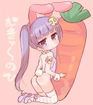  1girl alternate_costume alternate_hairstyle bunnysuit carrot crescent_hair_ornament hair_ornament kneeling long_hair looking_at_viewer marshmallow_mille patchouli_knowledge purple_hair solo striped striped_legwear tagme touhou translation_request twintails violet_eyes 