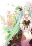  1girl flower gift green_eyes green_hair hair_ornament hatsune_miku highres long_hair looking_at_viewer mame_(yangqi787) smile solo tagme twintails vocaloid 
