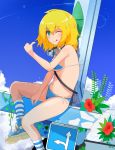 1girl :q bikini blonde_hair blue_eyes goggles goggles_around_neck haseneko looking_at_viewer original rocket_launcher shoes short_hair sitting sneakers socks solo striped swimsuit thumbs_up tongue tongue_out weapon 