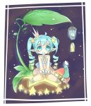  1girl absurdres blue_eyes blue_hair c: chibi drill_hair hair_ornament hatsune_miku highres leaf looking_at_viewer mame_(yangqi787) pointy_ears sitting smile solo star_hair_ornament tagme twin_drills twintails vocaloid 
