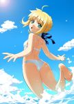 1girl :d ahoge artoria_pendragon_(all) ass backboob bangs bare_shoulders barefoot bikini blonde_hair breasts clouds fate/stay_night fate_(series) feet female_ass from_behind green_eyes hair_ribbon leg_up long_bangs looking_back namonashi ocean open_mouth ribbon saber sideboob sky smile solo sun sunlight swimsuit textless thighs two-piece_swimsuit wading water white_bikini white_swimsuit