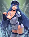  1girl akame_ga_kill! blue_eyes blue_hair breasts choker esdeath grin hat highres ice large_breasts lasterk long_hair looking_at_viewer military military_uniform off_shoulder peaked_cap signature smile solo thigh-highs uniform very_long_hair white_legwear zettai_ryouiki 