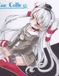  1girl ahoge amatsukaze_(kantai_collection) brown_eyes choker female hair_tubes hairband kantai_collection long_hair looking_at_viewer open_mouth p-line school_uniform serafuku silver_hair sitting solo tagme traditional_media two_side_up 