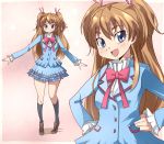  1girl 4040_(artist) blue_eyes hands_on_hips houjou_hibiki long_hair looking_at_viewer orange_hair precure school_uniform skirt smile socks solo suite_precure 