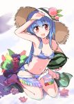  1girl :d alternate_costume bikini blue_bikini blue_hair blush bracelet breasts cleavage food fruit hat hinanawi_tenshi jewelry long_hair looking_at_viewer navel open_mouth peach puuakachan red_eyes sandals sitting sketch small_breasts smile solo straw_hat swimsuit touhou wariza watermelon 