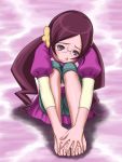  1girl barefoot blush capri_pants commentary_request eyelashes frown glasses hair_ornament hanasaki_tsubomi heartcatch_precure! highres kamisuki long_hair looking_at_viewer pants precure purple_background purple_hair sitting solo tears twintails violet_eyes 